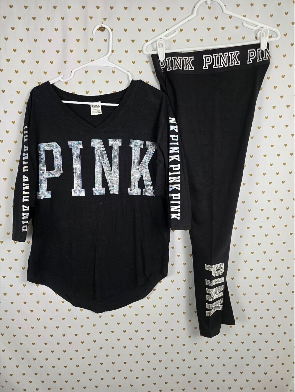 Victorias Secret PINK BLING SET Outfit Yoga Pants Sequined Logo Tee Shirt MEDIUM